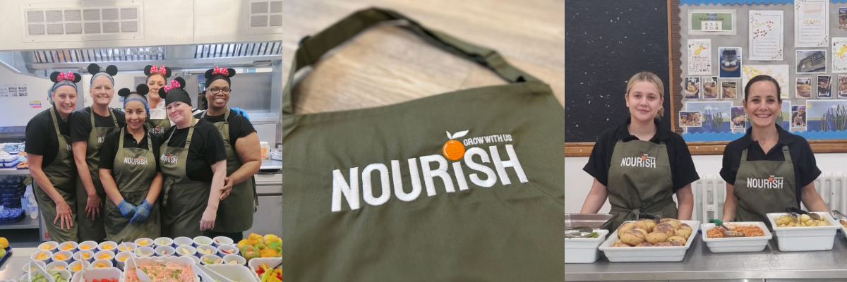Nourish catering team in branded aprons