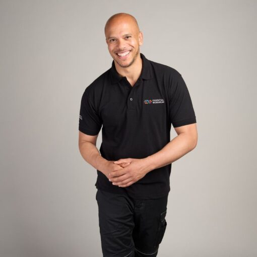 male model wearing an essential branded polo shirt