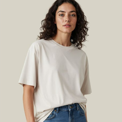 Untagged Movement Loose Fit T-Shirt 2 female model wearing Untagged movement loose fit t-shirt in the colour birch