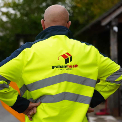 What to Know Before Branding Hi-Vis and PPE 2 man on a construction site wearing a branded hi-vis jacket