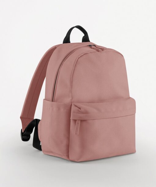 A pink backpack from the side angle