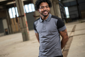 an electrician wearing two-tone branded workwear